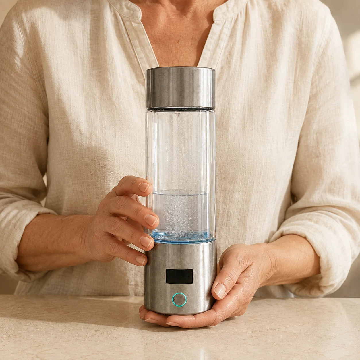 A close view of the Bionic Bottle’s glass chamber and matching brushed-steel lid and base.
