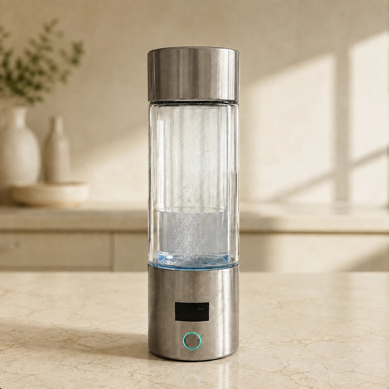 Bionic Bottle with a matching brushed-steel cap and base on a kitchen counter.