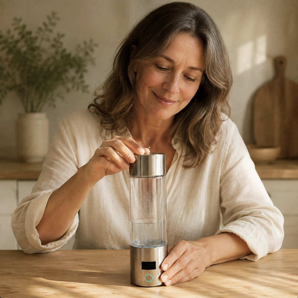 A woman in midlife preparing her Bionic Bottle at her kitchen counter.