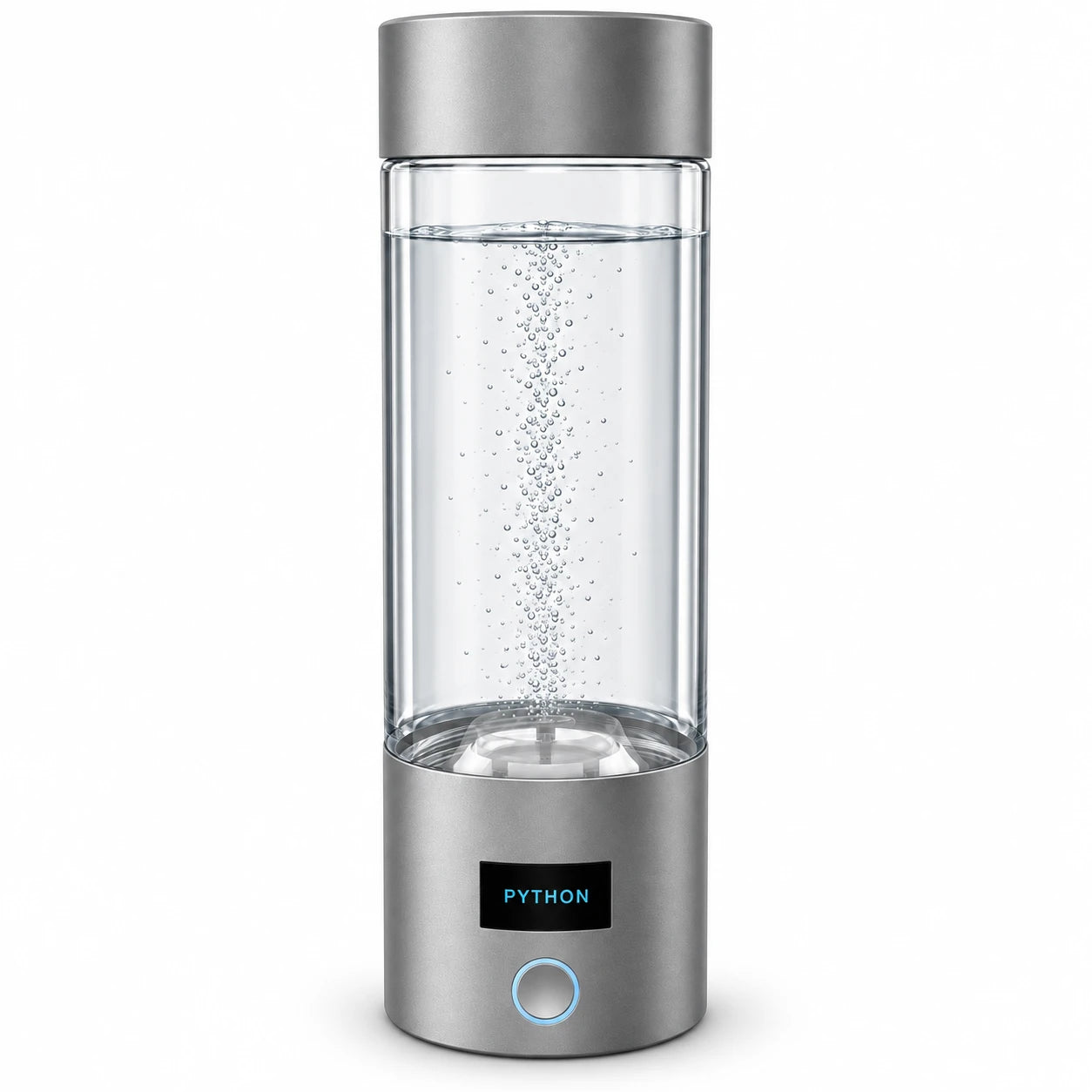 Bionic hydrogen bottle: clear glass, satin-metal lid and base, and illuminated blue activation button