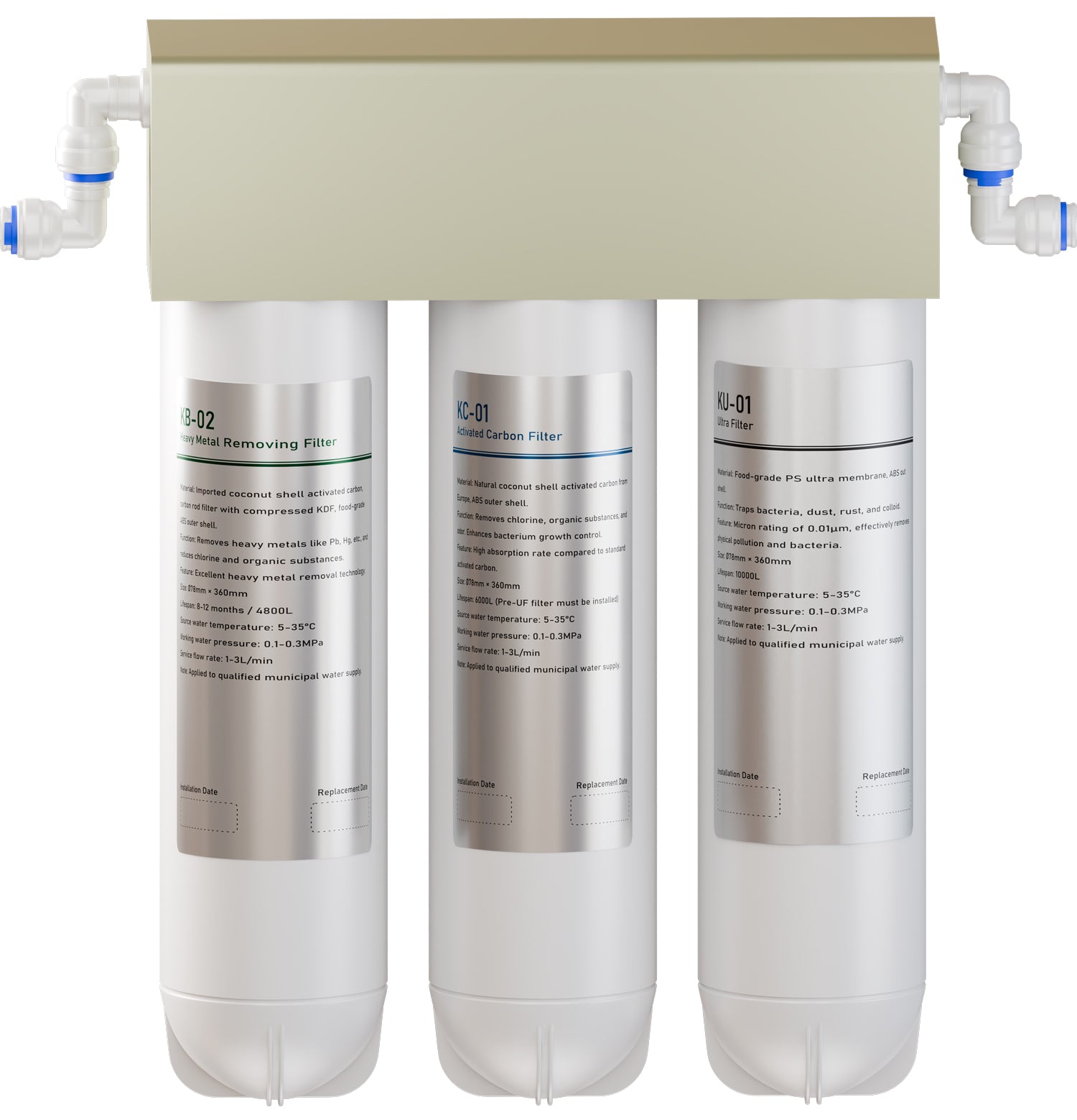 Python Water Nano Ultrafiltration System – 3-stage under-sink water filter showing heavy metal removing filter, activated carbon filter, and 0.01-micron nano UF membrane cartridges with quick-connect fittings